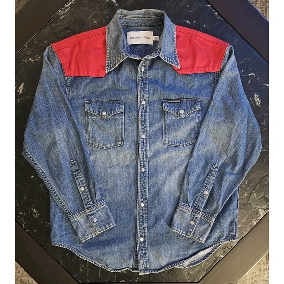 Calvin Klein Jeans Western Snap Shirt Mid Stone Denim Red Mens Small $168 pearl - Picture 1 of 7